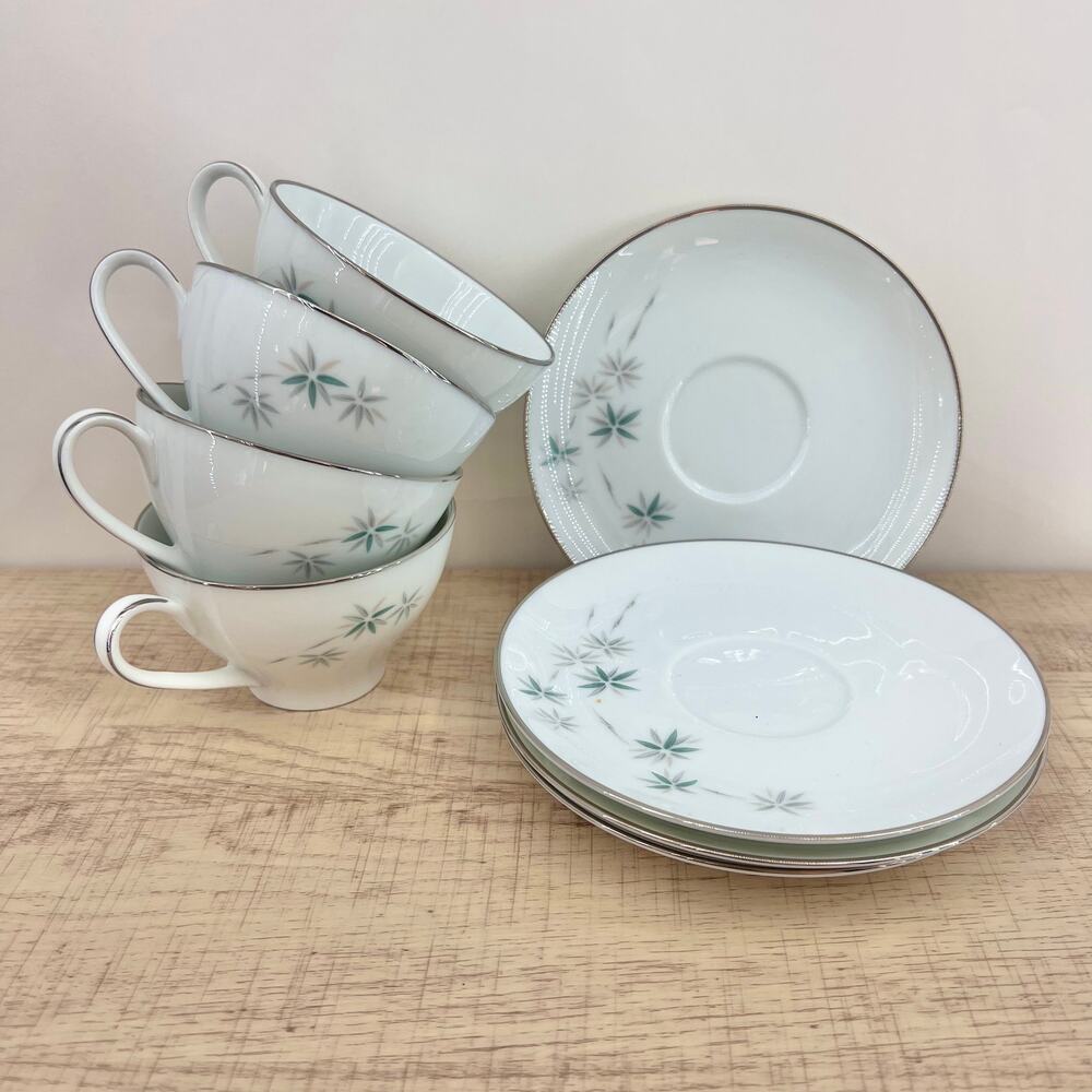 Noritake VINTAGE 60s Midori Japanese Porcelain Saucer Tea Cup Set Bamboo 6113 M3